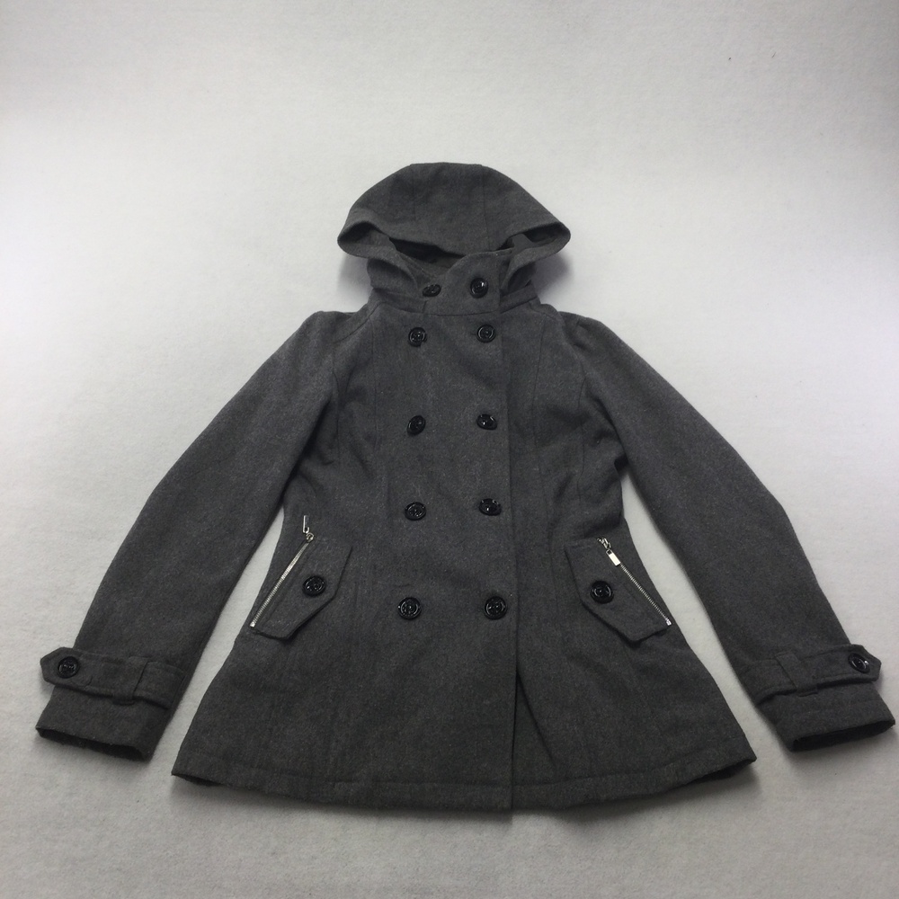 Guess Coat Womens Small Gray Wool Hooded Double Breasted Peacoat Zip Pockets